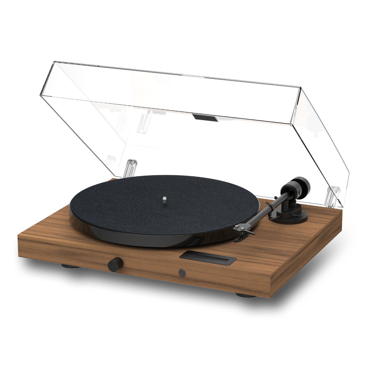 Drewniany gramofon z czarnym dyskiem i przezroczystą pokrywą na białym tle.