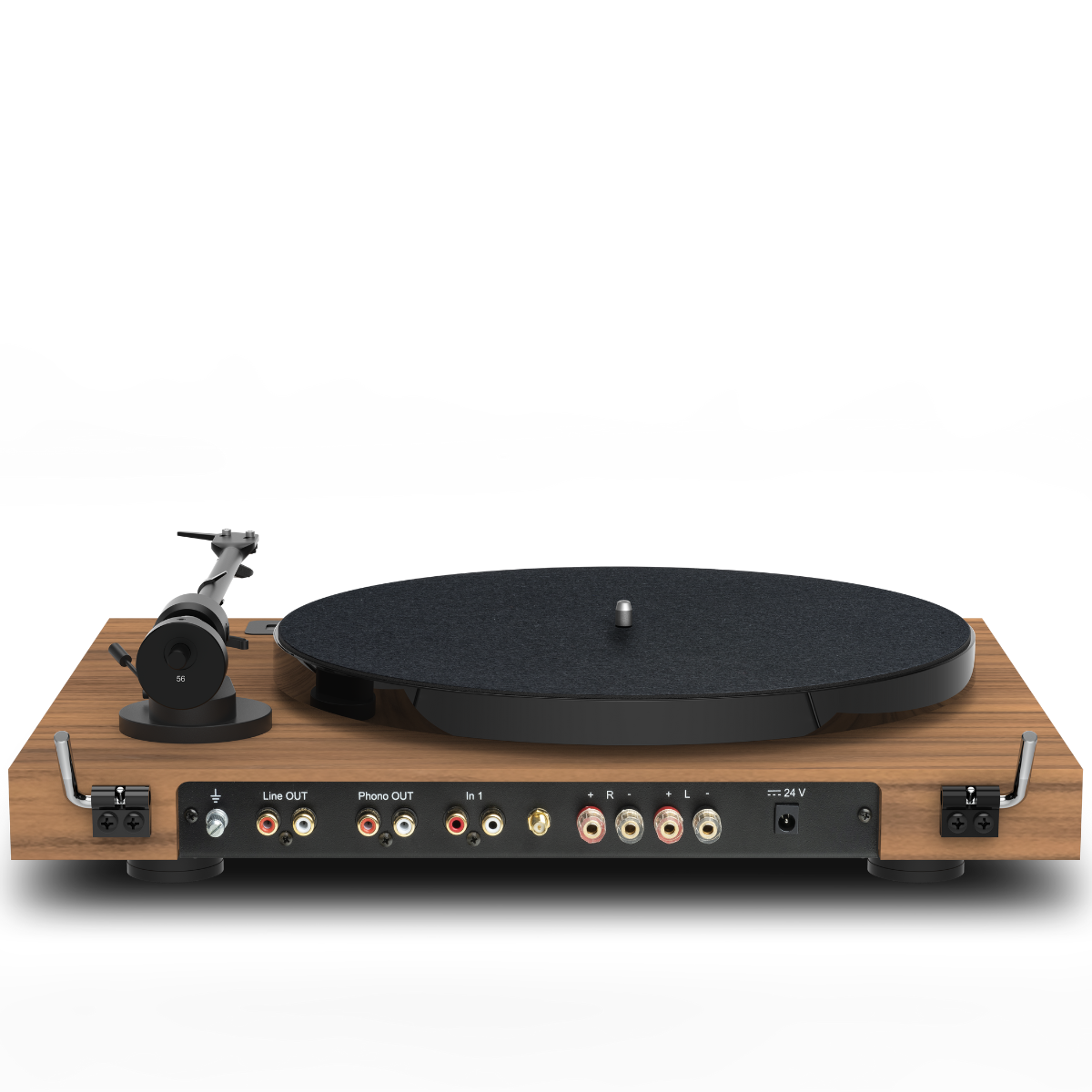 Drewniany gramofon z czarnymi elementami. Na białym tle.