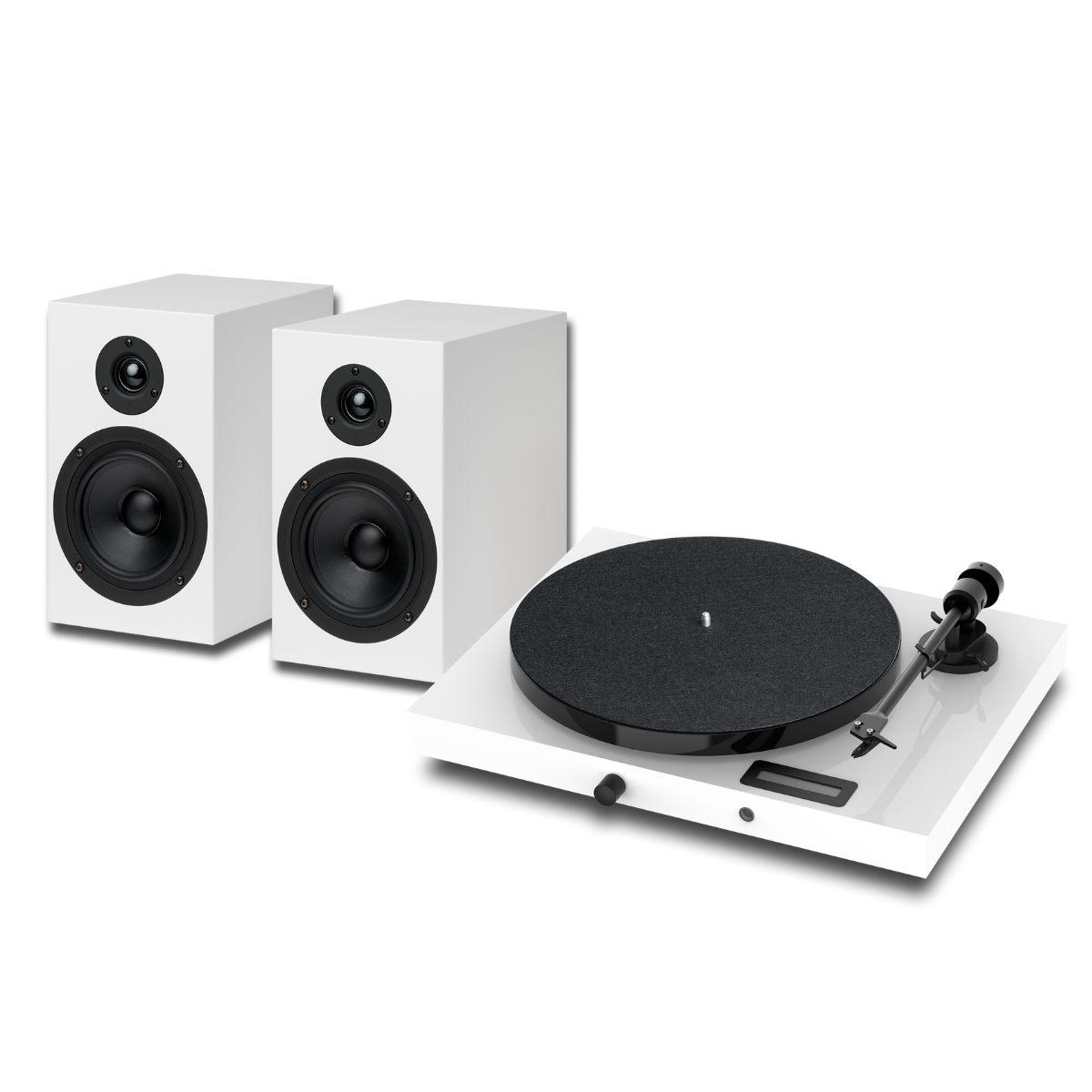 Biały gramofon i głośniki. Czarna płyta. Białe tło.