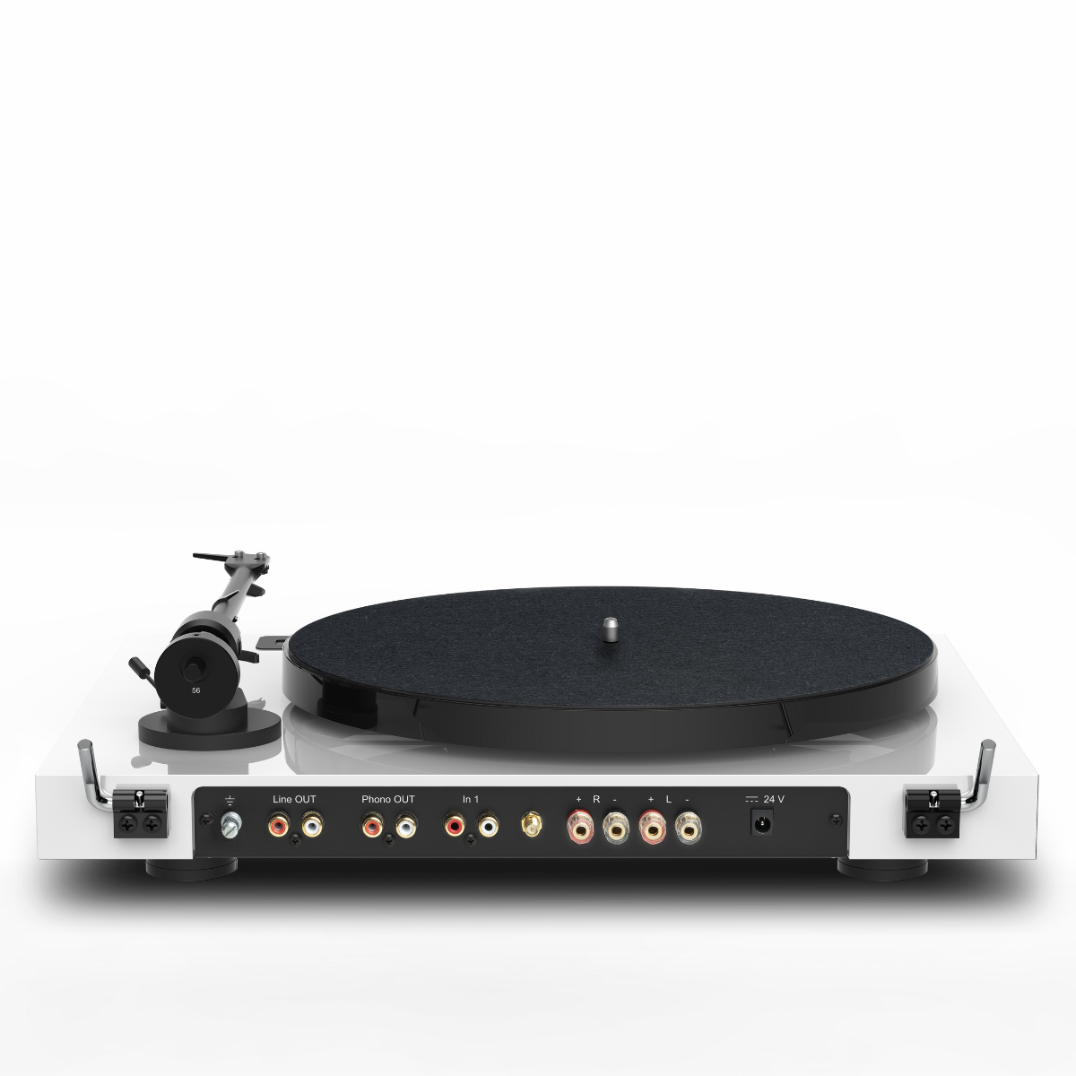 Biały gramofon z czarnym talerzem i ramieniem. Tył pokazuje różne porty połączeniowe.