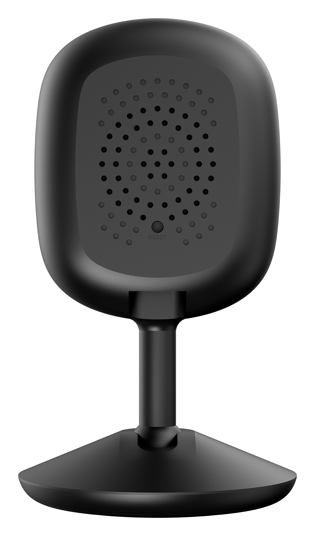 Czarna kamera bezpieczeństwa z głośnikiem i przyciskiem reset, zamontowana na czarnym stojaku.