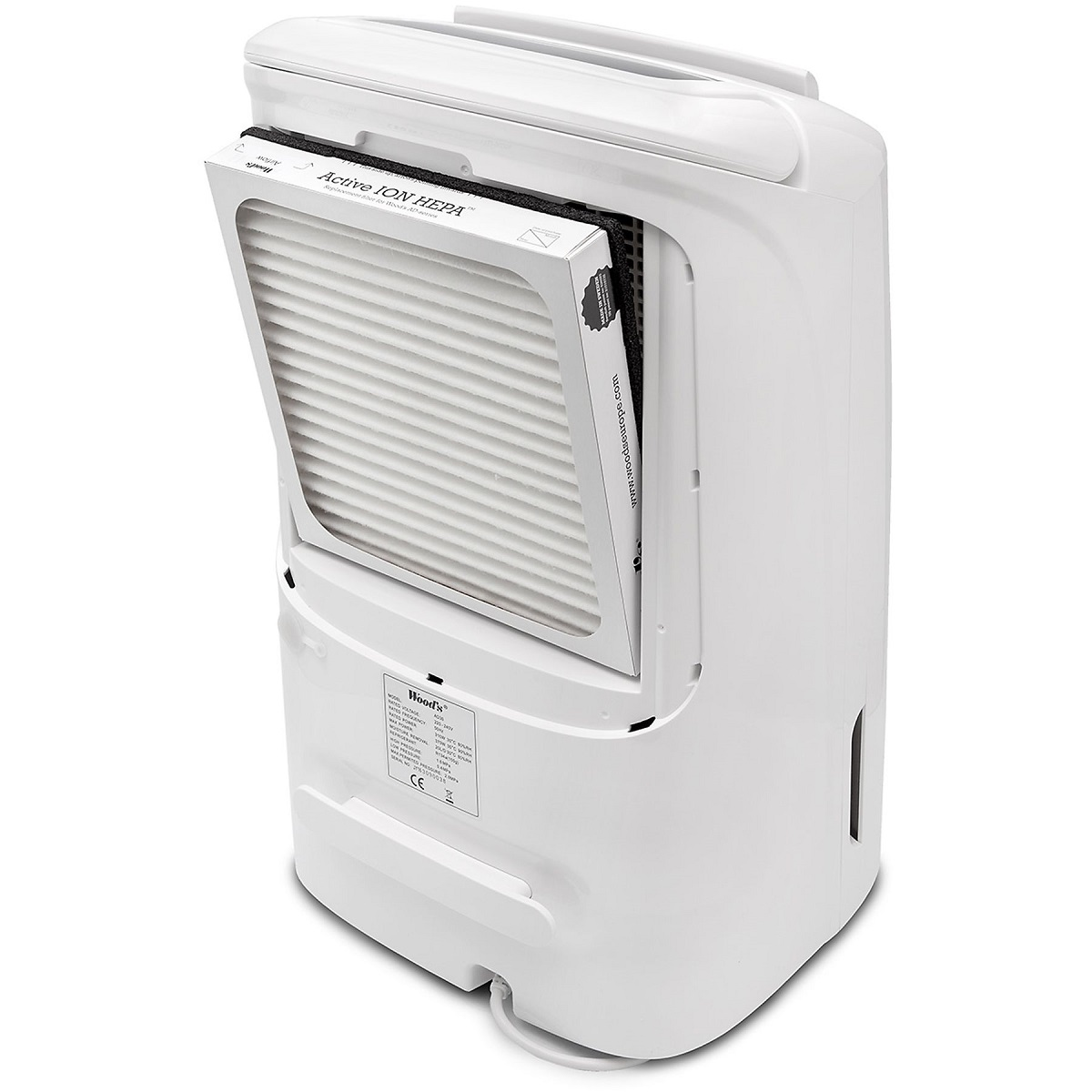 Ein weißer Luftreiniger, mit geöffneter Filtertür, die einen Active ION HEPA Filter zeigt.