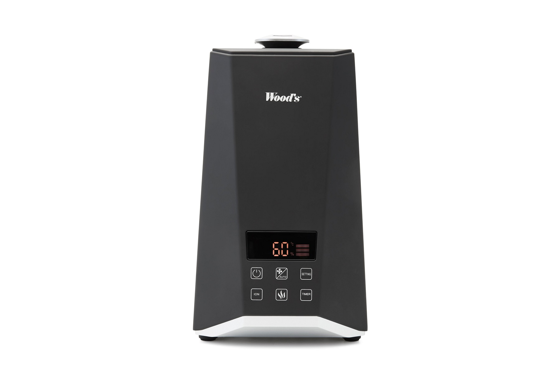 Umidificatore nero con display digitale che mostra 60. Base bianca. Logo Wood's. Pulsanti per le impostazioni.