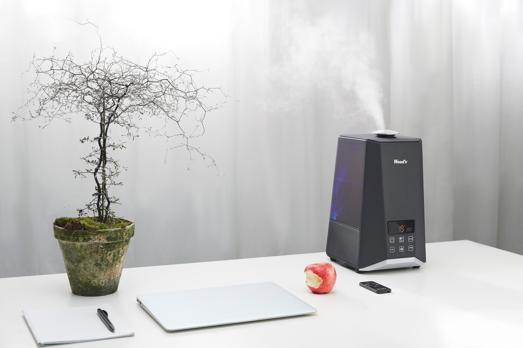 Una scrivania con un laptop, una mela, un umidificatore e altri oggetti.