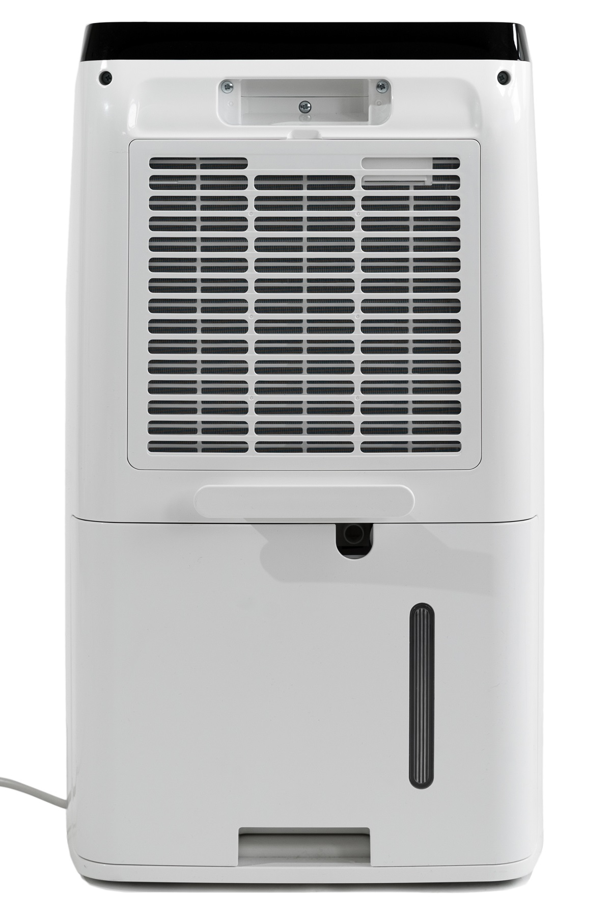 Retro di un deumidificatore bianco. Uscita dell'aria, serbatoio dell'acqua e uscita visibili.
