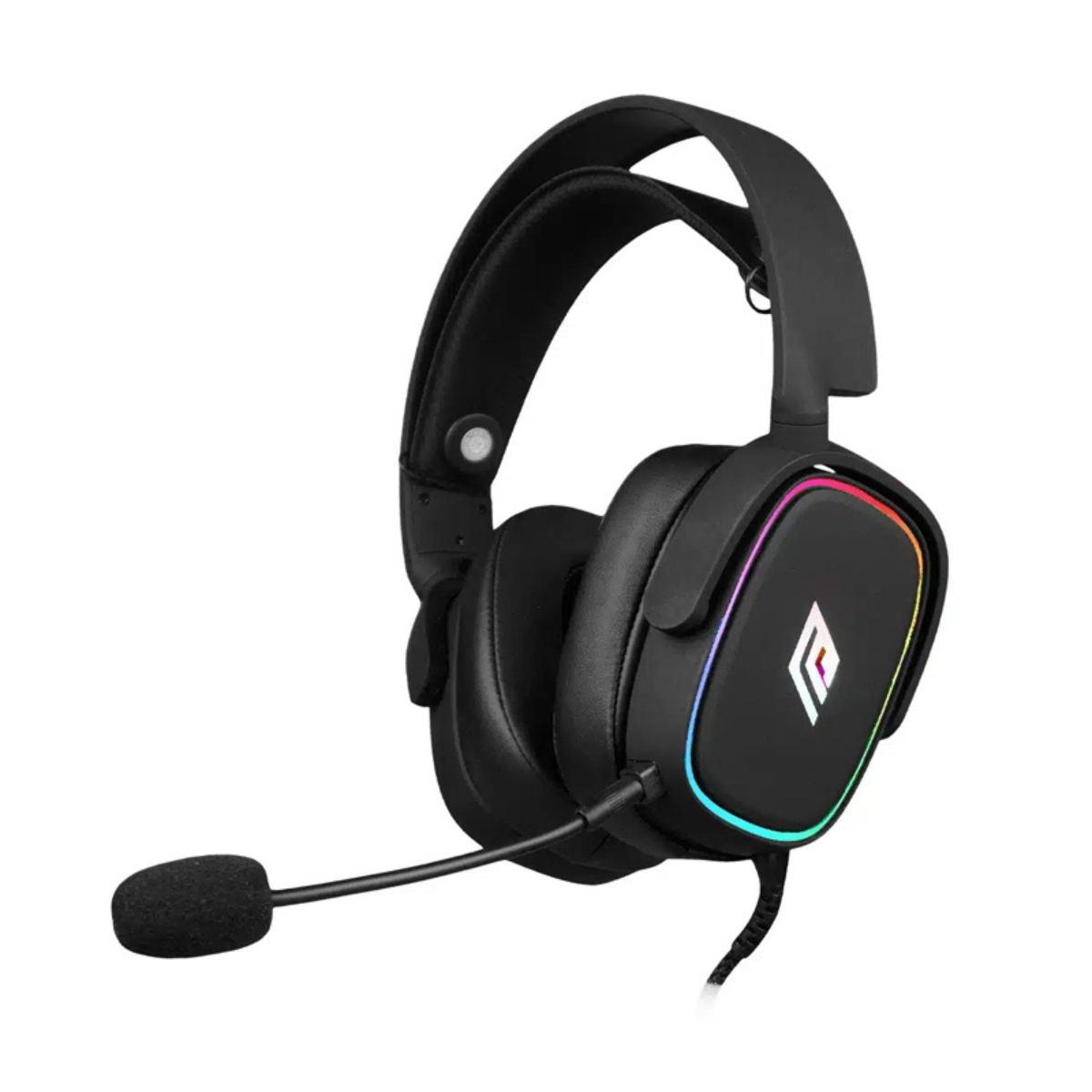 Cuffie da gaming nere con microfono e striscia LED colorata sui padiglioni.