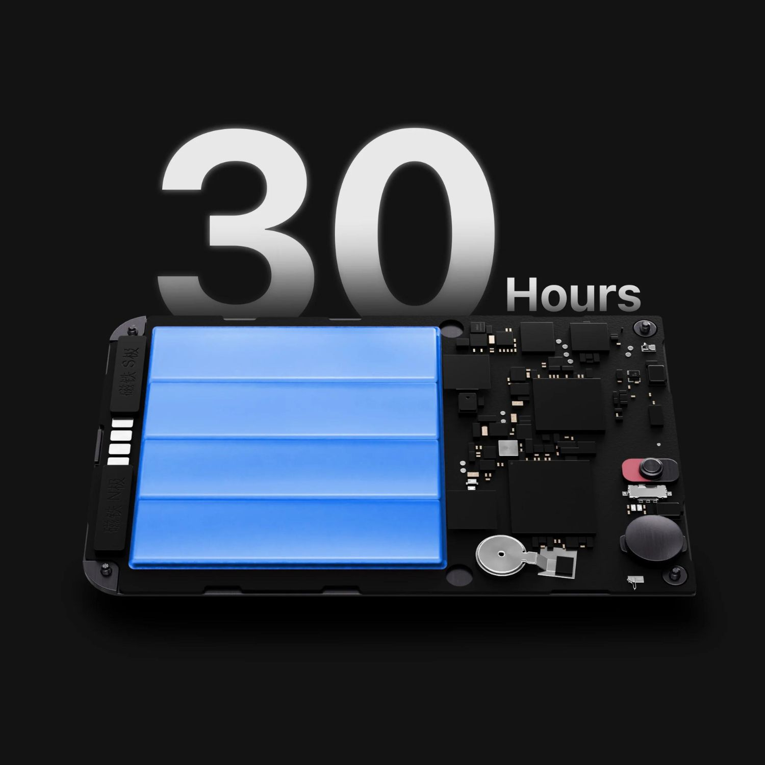 Obraz przedstawia komorę baterii z niebieską baterią i liczbą '30' nad nią.