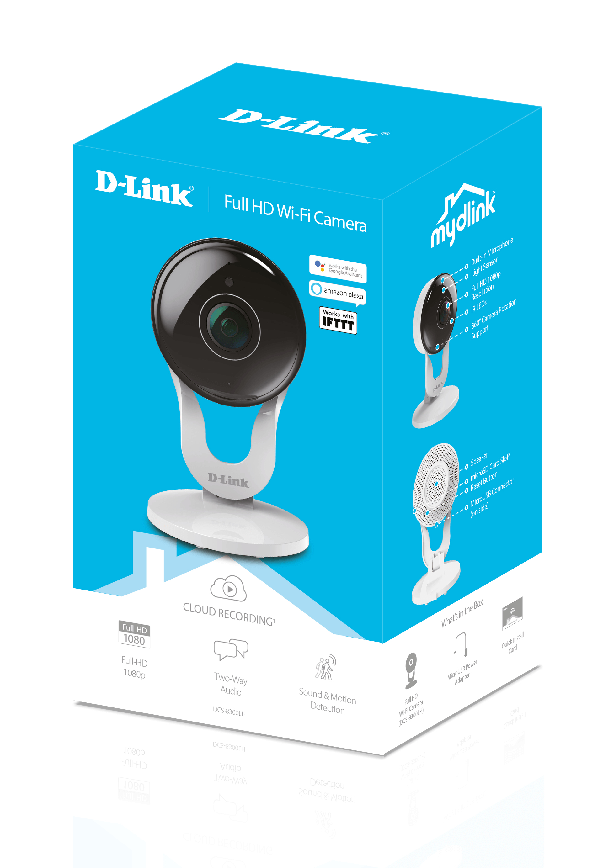 Eine Produktbox für eine D-Link Full HD Wi-Fi Kamera mit detaillierten Produktmerkmalen.