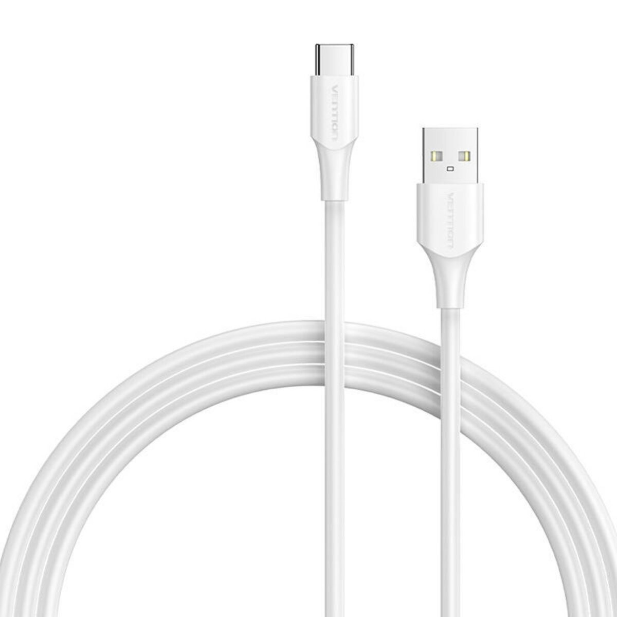 Cavo USB-C bianco, arrotolato, con connettori a ciascuna estremità. Logo Vention visibile.