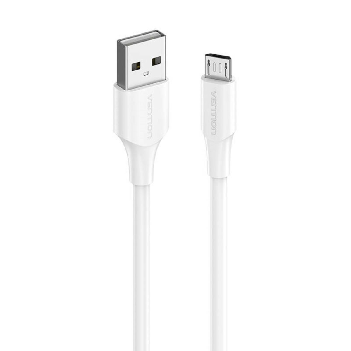 Un cable USB a Micro USB blanco, para cargar o transferir datos, sobre un fondo blanco.