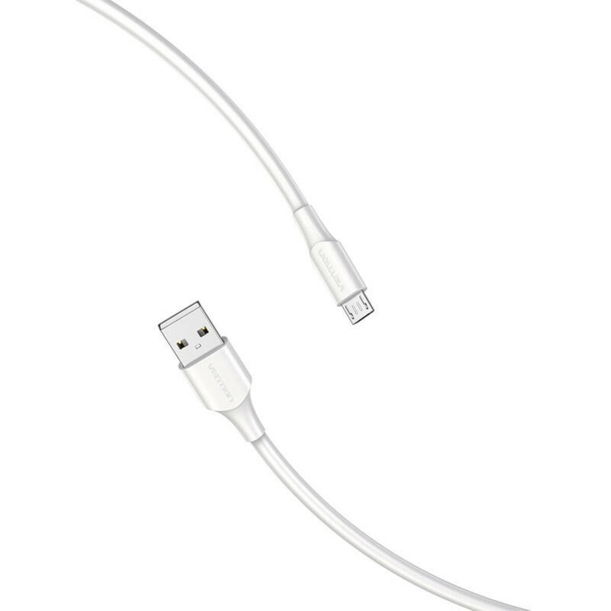 Un cable USB a micro USB blanco con conectores en ambos extremos.