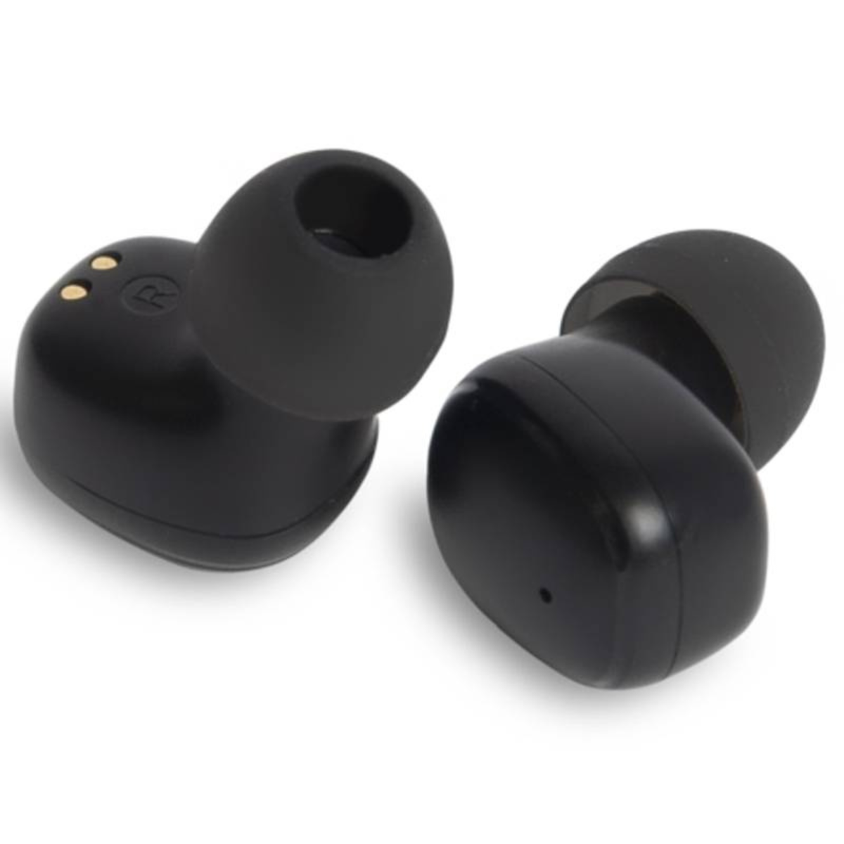 Due auricolari wireless neri. Ognuno ha forma arrotondata e un piccolo contatto dorato.
