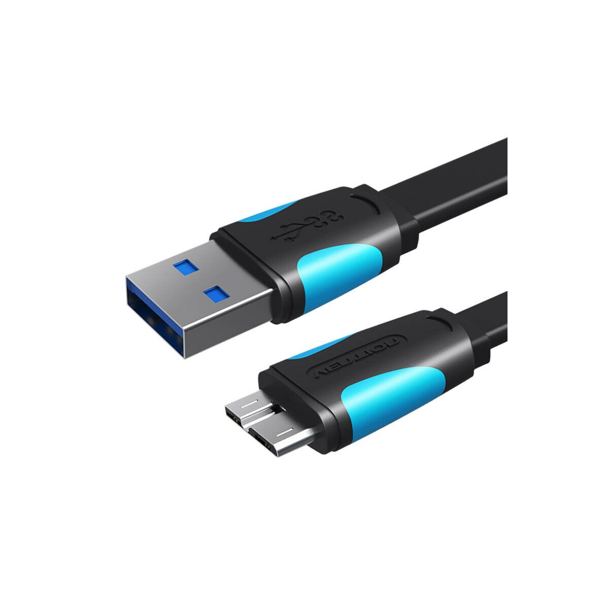 Un cavo USB a Micro USB blu e nero.