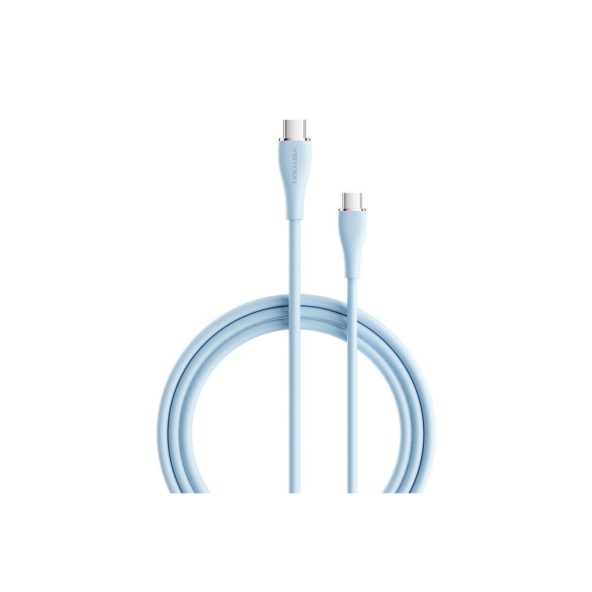 Light blue USB-C cable coiled on a white background. The word 'Vention' is on it.