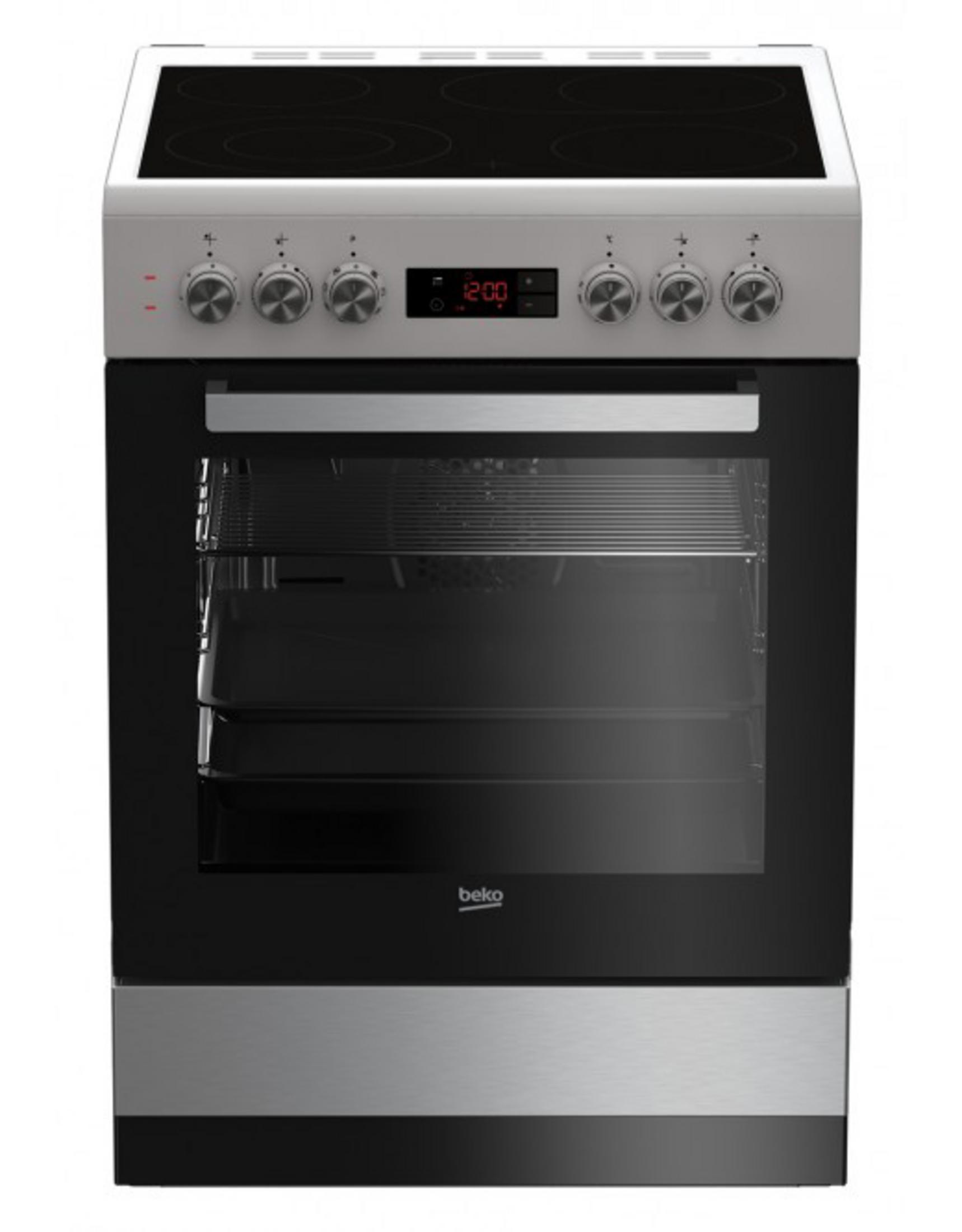 Una cucina elettrica Beko, argento e nera. Ha quattro elementi riscaldanti, un orologio digitale e una porta del forno.