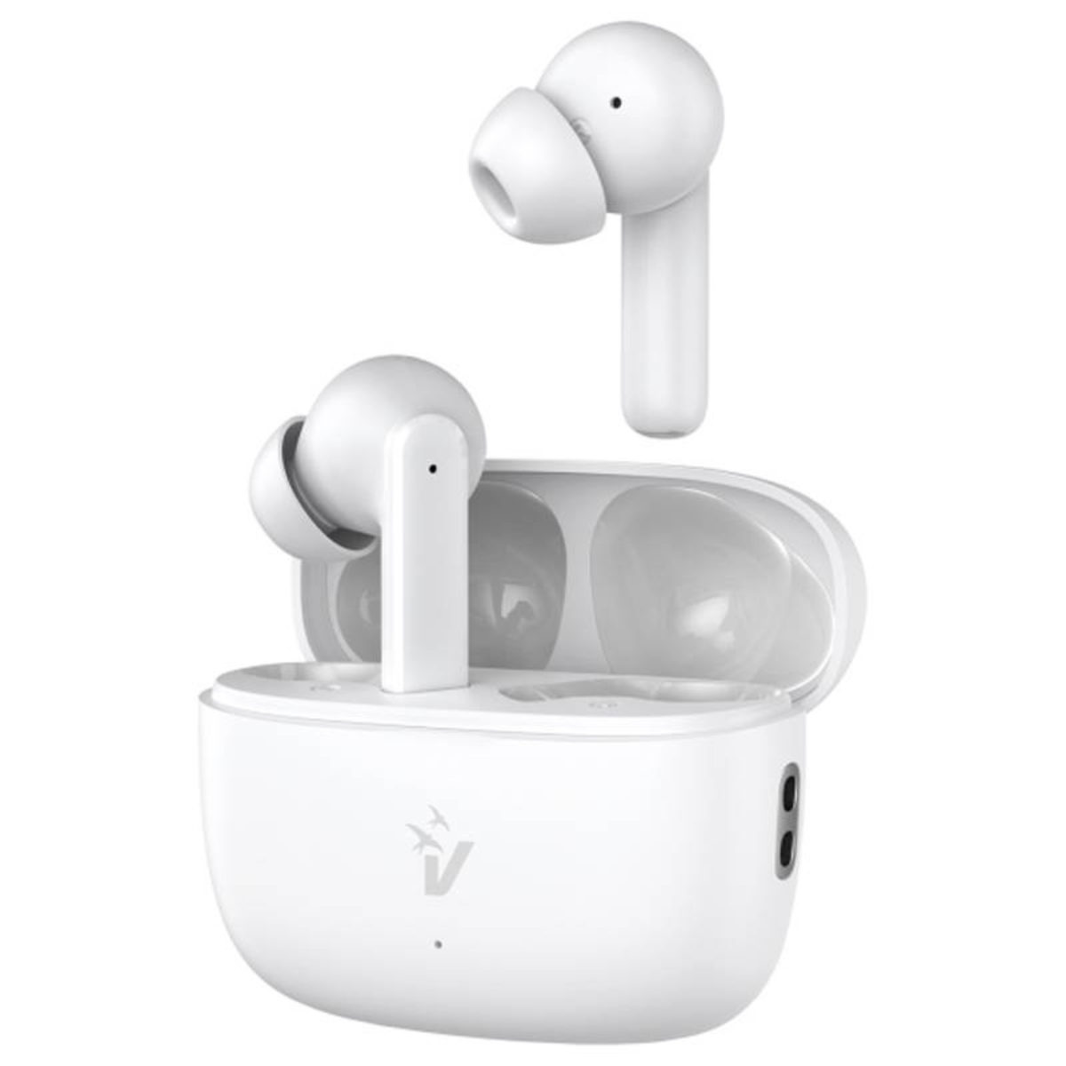Auricolari wireless bianchi e una custodia di ricarica. Un auricolare è fuori dalla custodia.