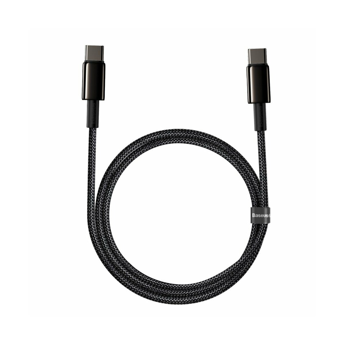 Câble USB-C noir avec connecteurs aux deux extrémités, enroulé en boucle.