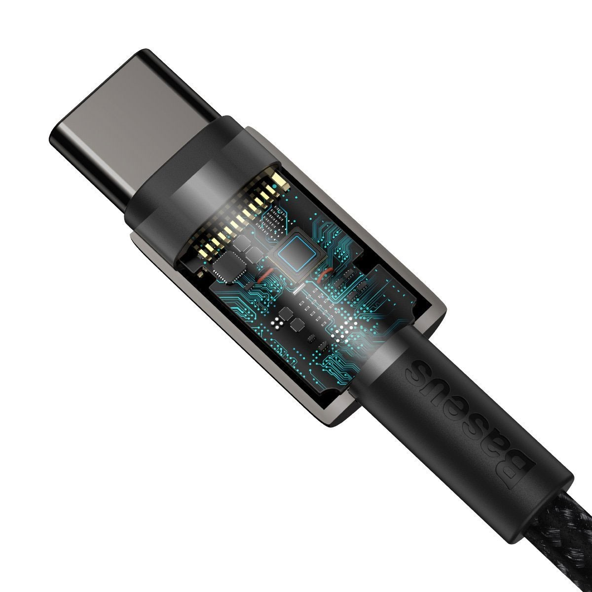 Close-up of a USB-C cable showing the internal circuitry of the connector.