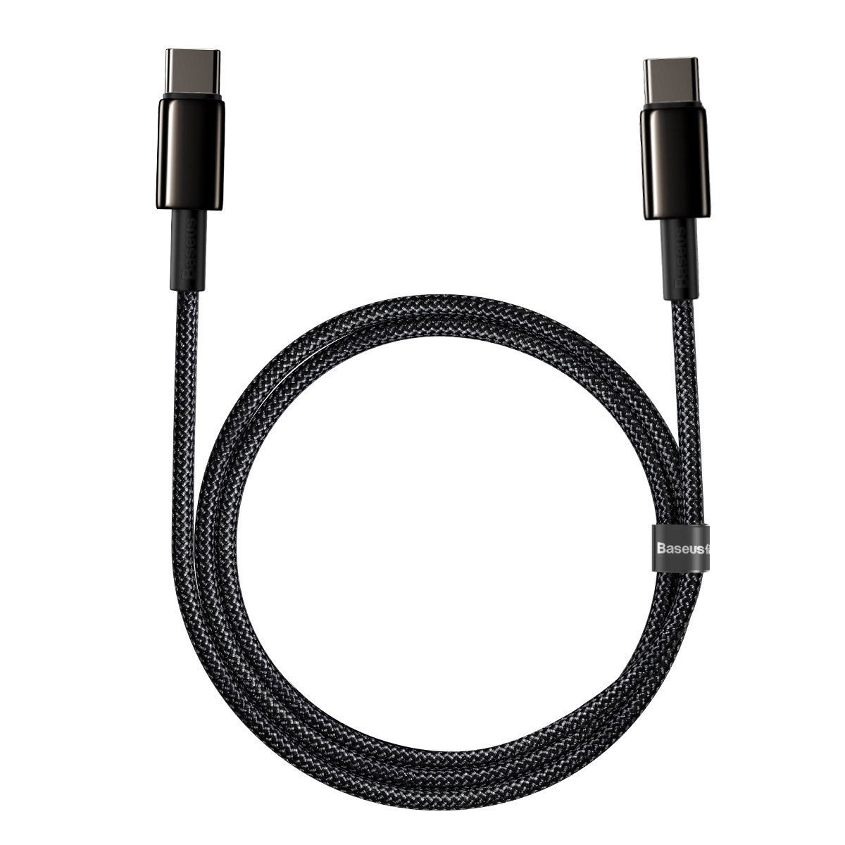 Black USB-C cable, coiled, with connectors at both ends.