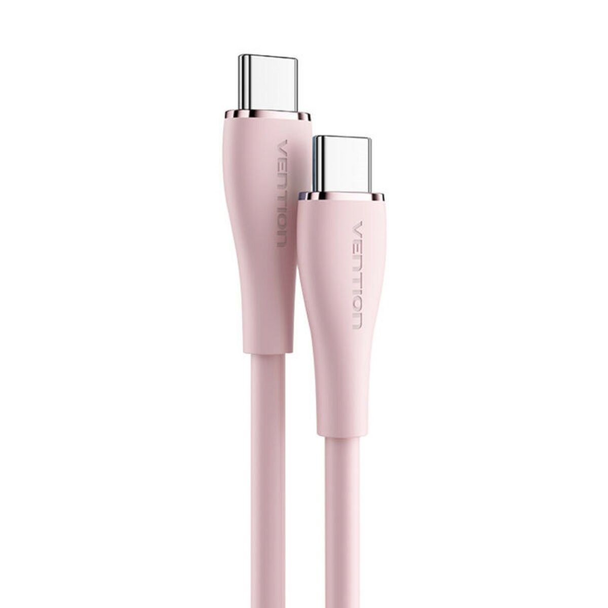 Due cavi USB-C rosa collegati a un connettore argentato.