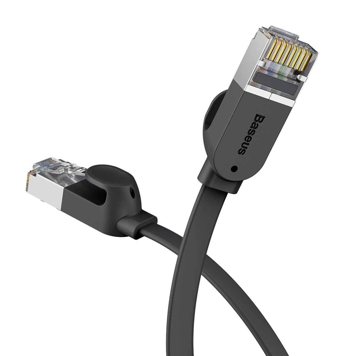 Cavo Ethernet Baseus nero con connettori ad entrambe le estremità, su sfondo bianco.