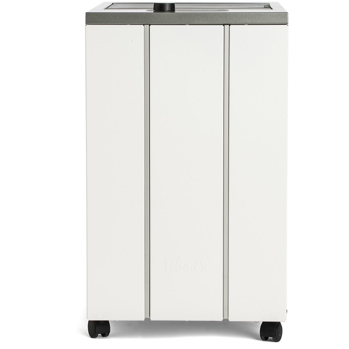 Ein weißer Schrank mit drei Türen. Er hat schwarze Räder an der Unterseite.