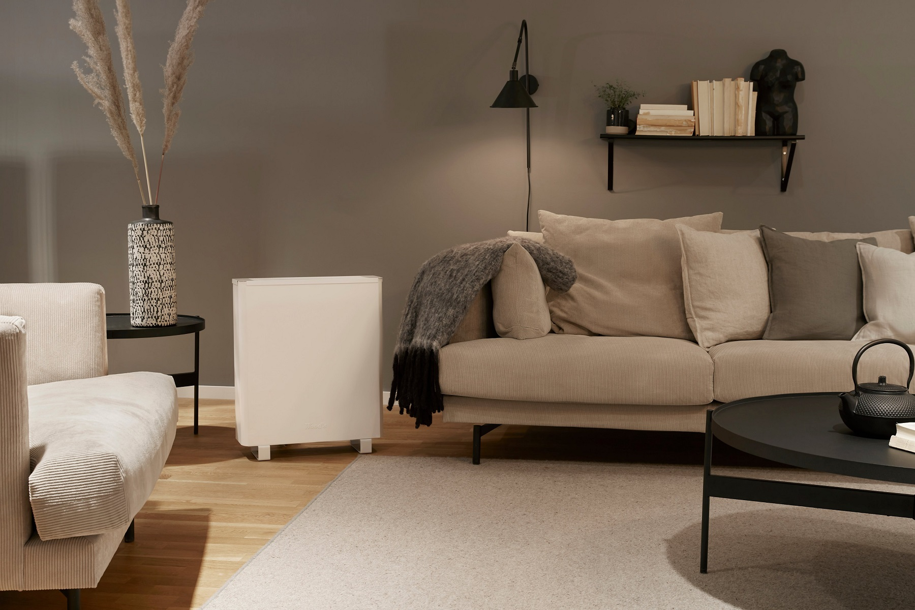 Zimmer mit beigem Sofa, weißem Luftreiniger und einem schwarzen Beistelltisch mit Vase.