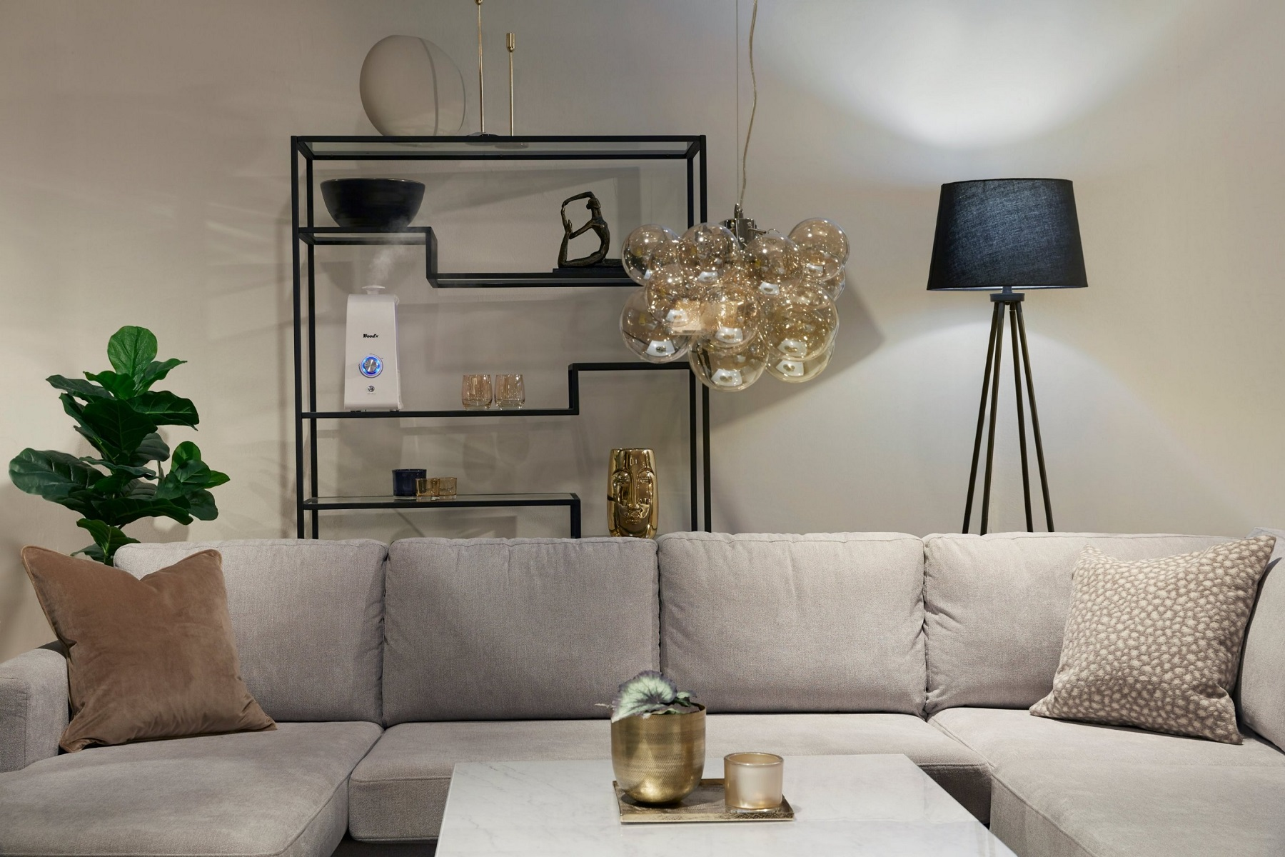 Wohnzimmer mit großem Ecksofa, Couchtisch, Lampe und schwarzem Regal. Pflanzen und Dekorationen.