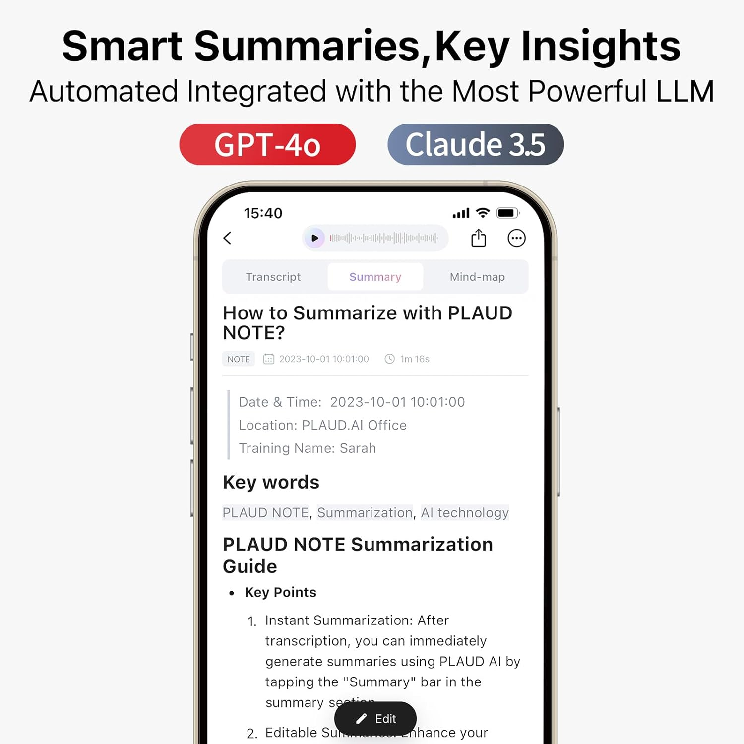 Ekran telefonu wyświetla aplikację do notowania z kluczowymi punktami i podsumowaniem.