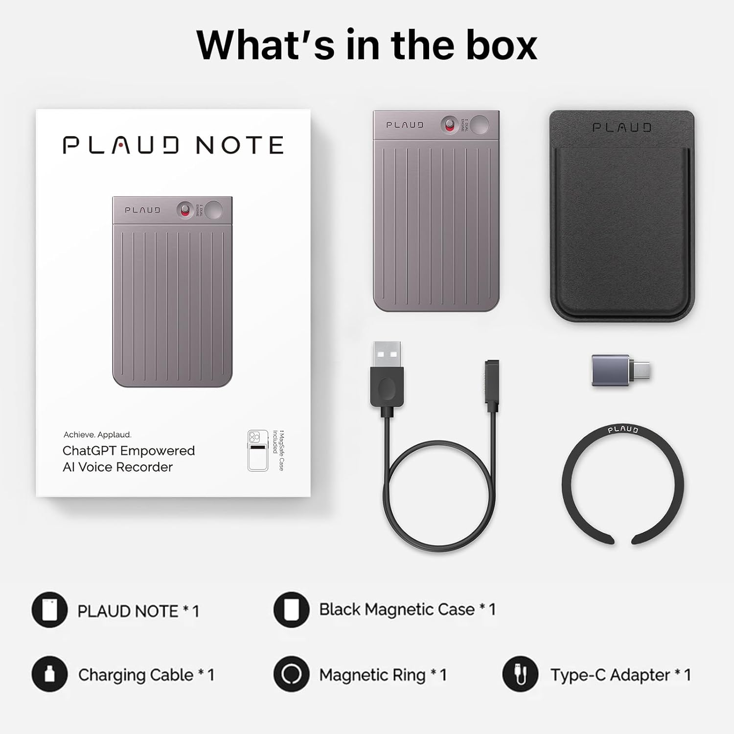Pudełko zawiera rejestrator notatek, etui, kabel ładujący, pierścień magnetyczny i adapter.