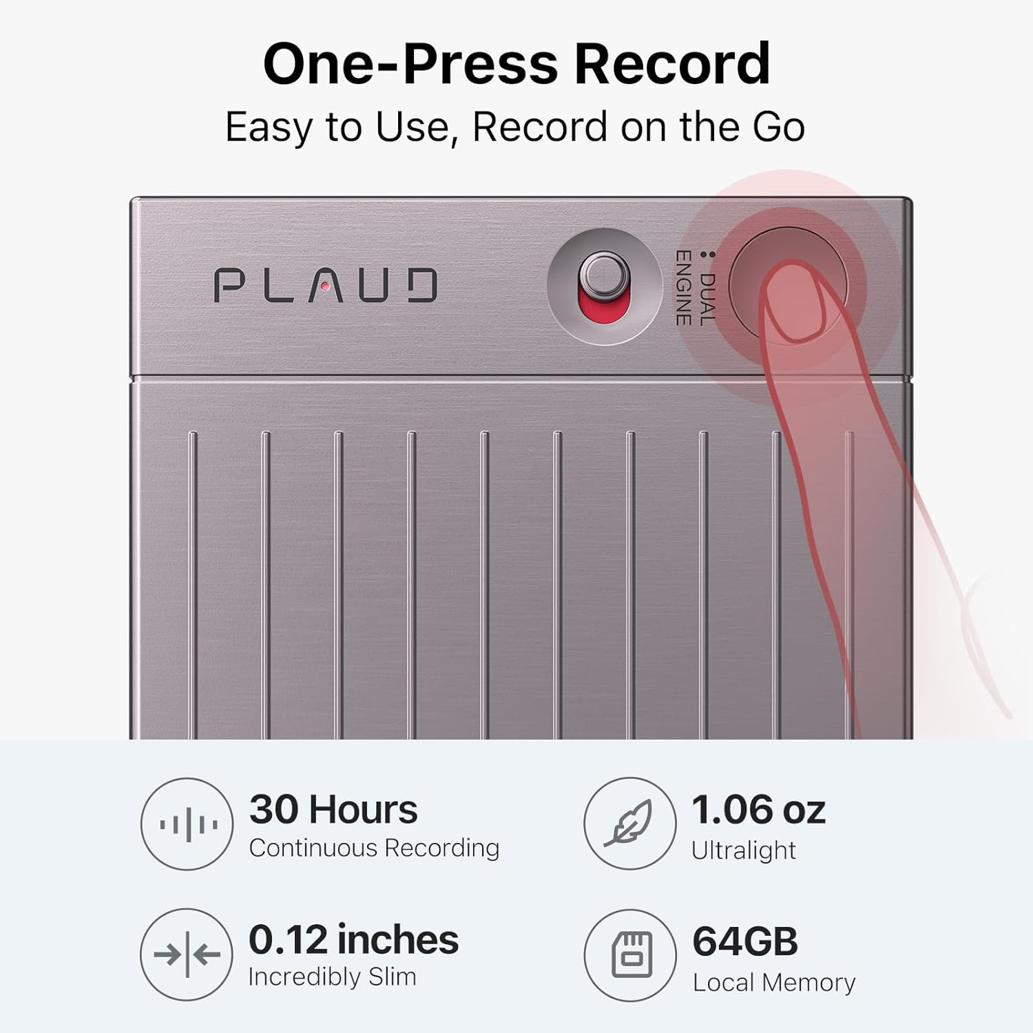 Srebrny cyfrowy rejestrator głosu, z palcem naciskającym przycisk nagrywania.