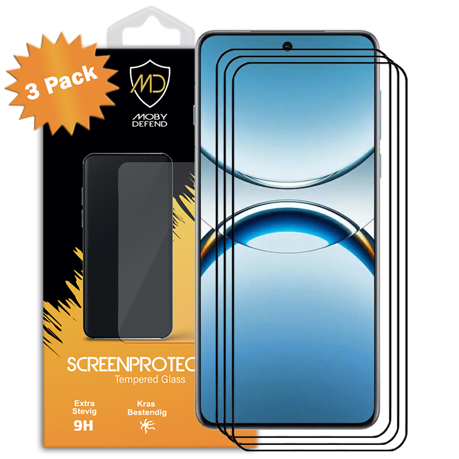 Une boîte avec des protecteurs d'écran et un téléphone. Montre un autocollant 3-pack.