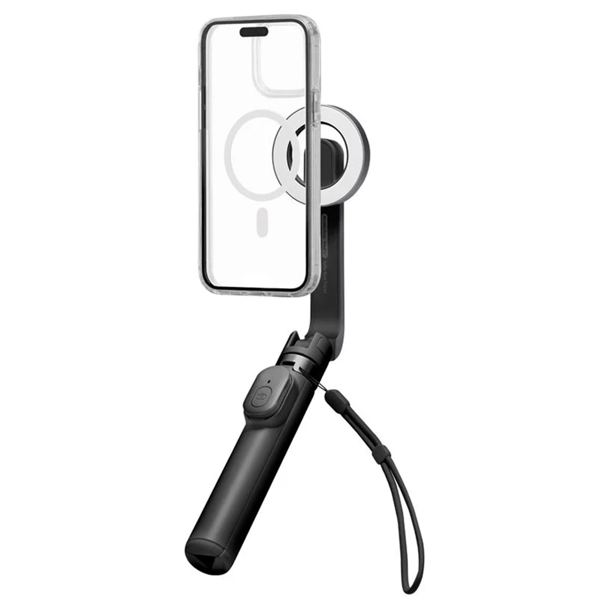 Bastone per selfie nero con telefono. Telefono in custodia trasparente, con anello luminoso sopra. Sfondo bianco.