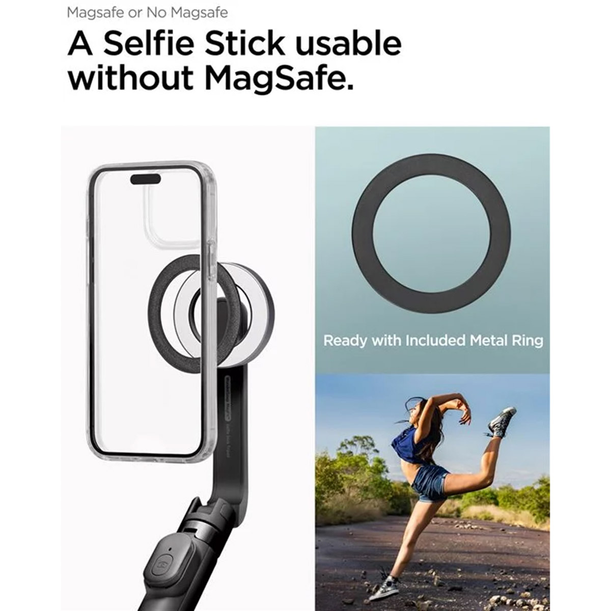 Un selfie stick con telefono attaccato e una donna che fa la spaccata sullo sfondo.