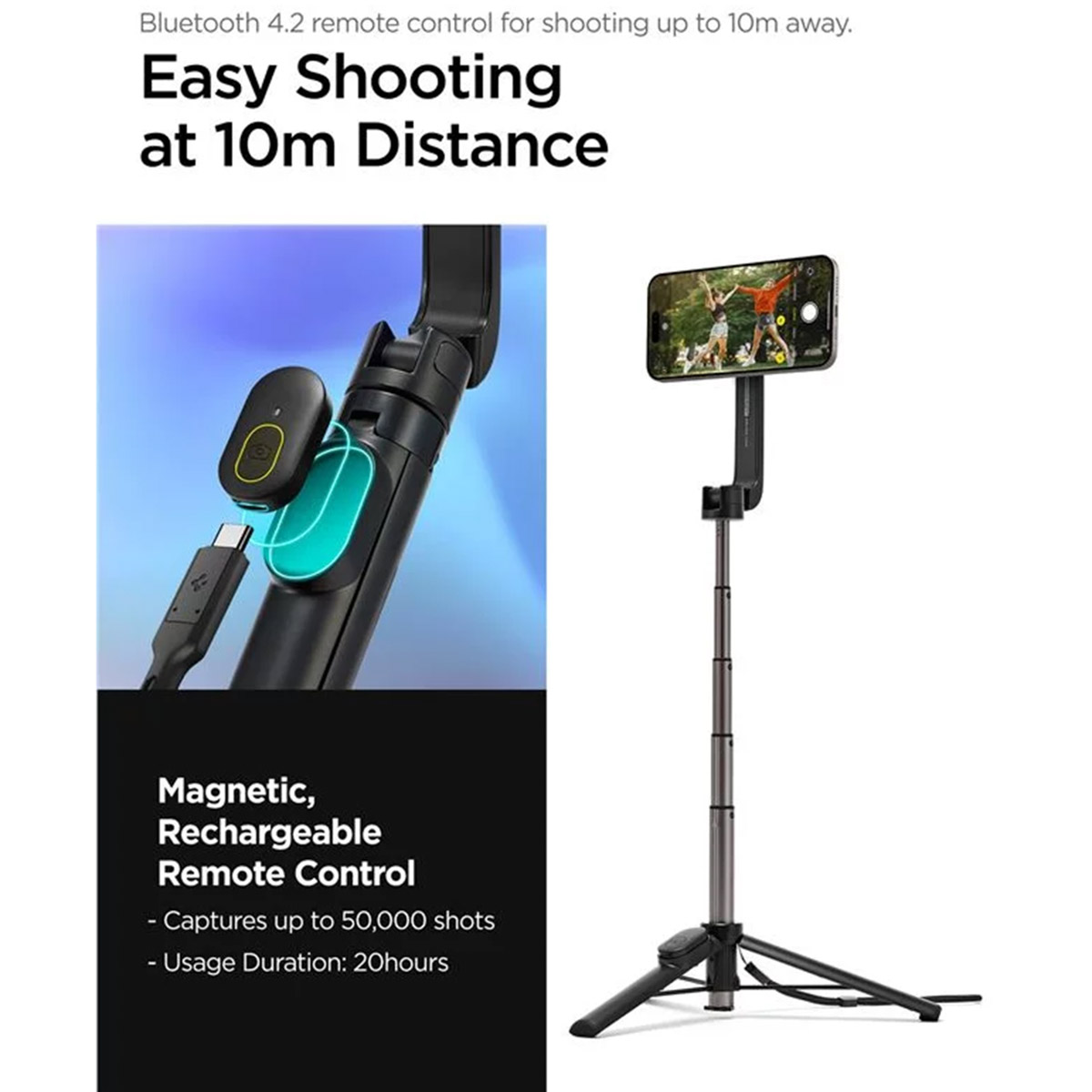 Un telefono su un treppiede che filma, con un telecomando e un cavo USB.