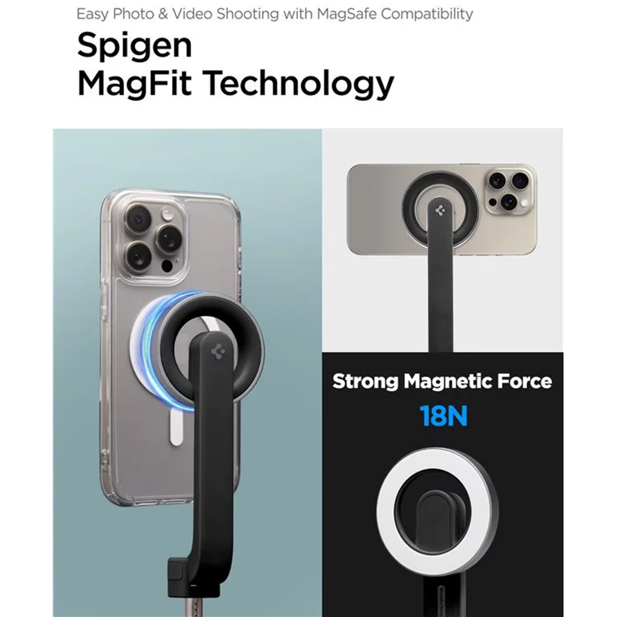 L'immagine mostra un telefono collegato a un accessorio MagSafe. Il telefono ha una custodia trasparente con anello MagSafe. L'accessorio è nero.