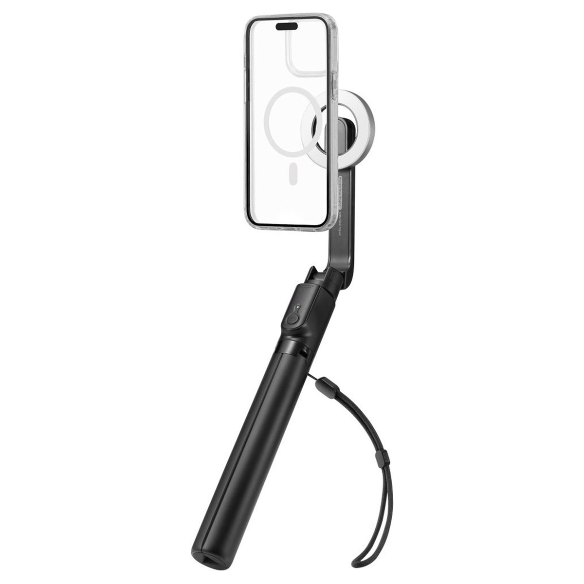 A black phone selfie stick with phone and light ring.