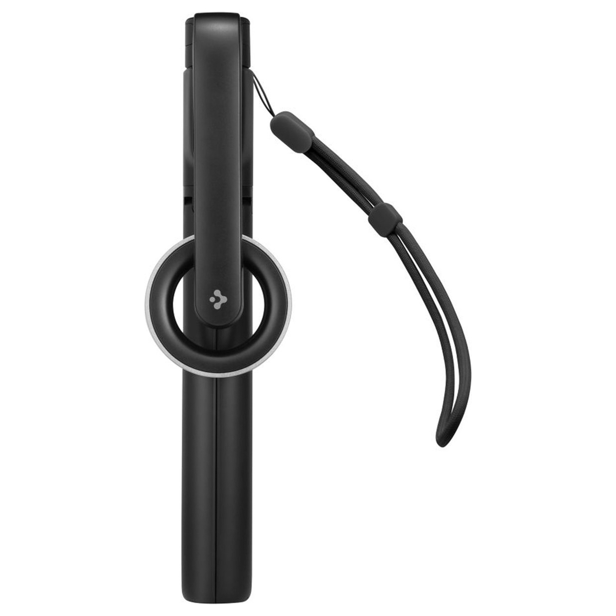 Black selfie stick with a wrist strap, angled towards the viewer.