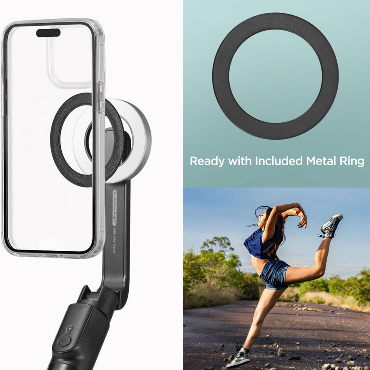 A phone with a clear case is attached to a gimbal, with a metal ring. A woman does a leg split.
