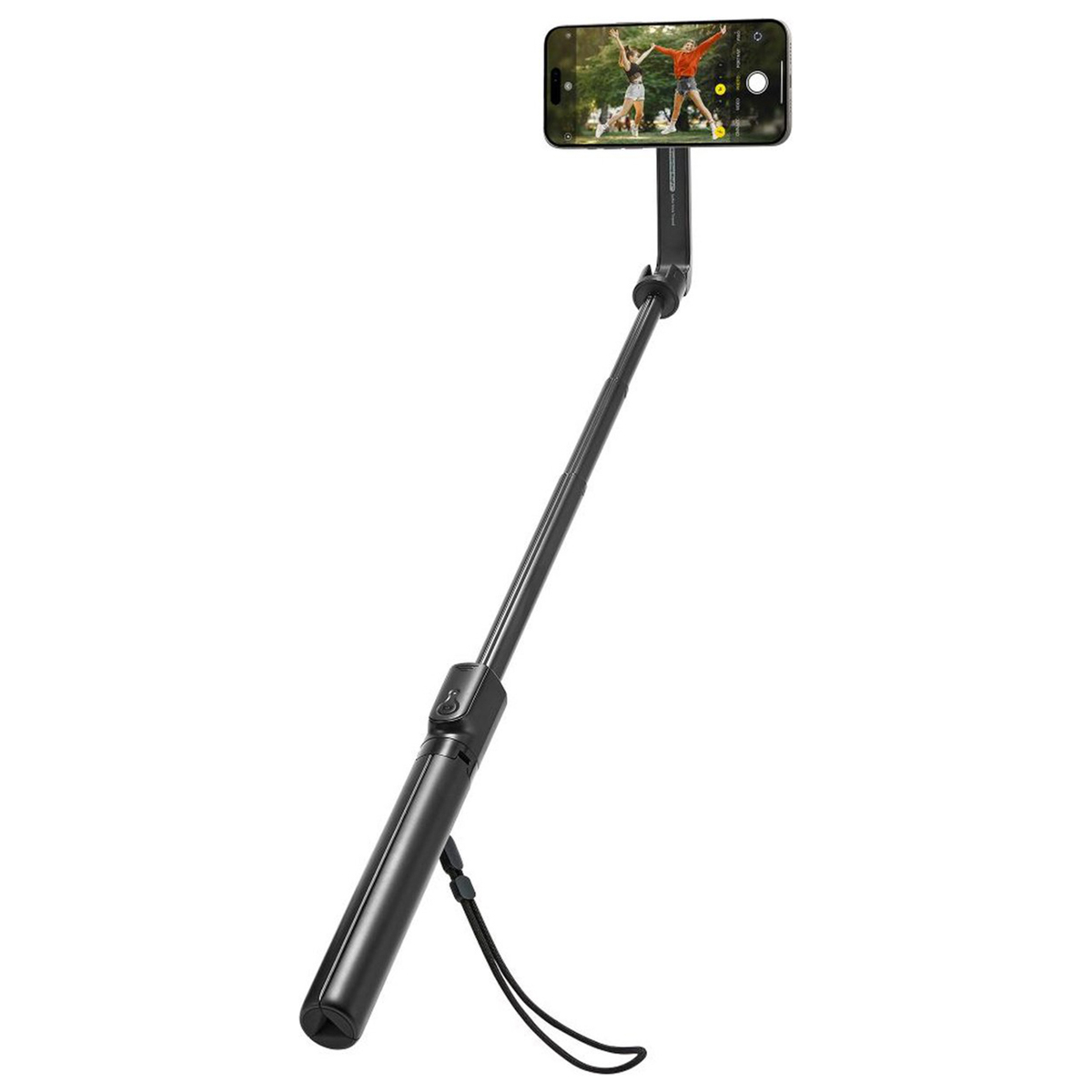 A black selfie stick with a phone attached, the phone displaying a couple outdoors.