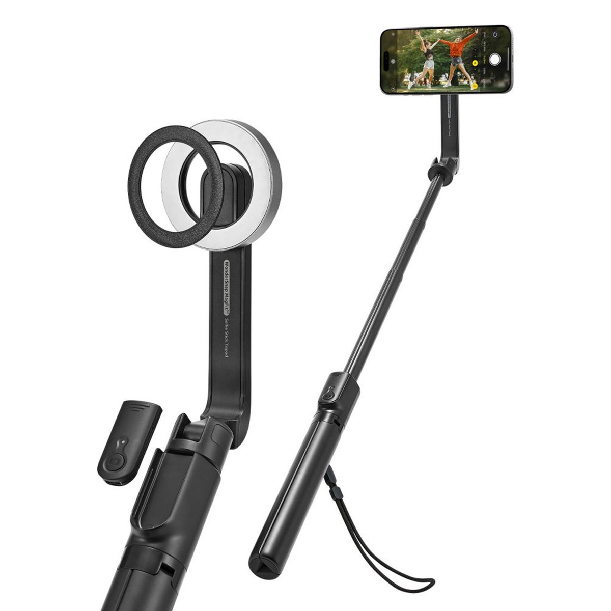 A selfie stick with a phone displaying people, and a ring light.