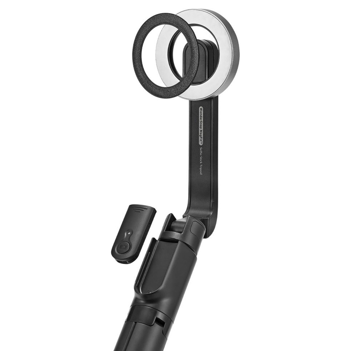 Black selfie stick with a ring light and a detached remote. White background. 