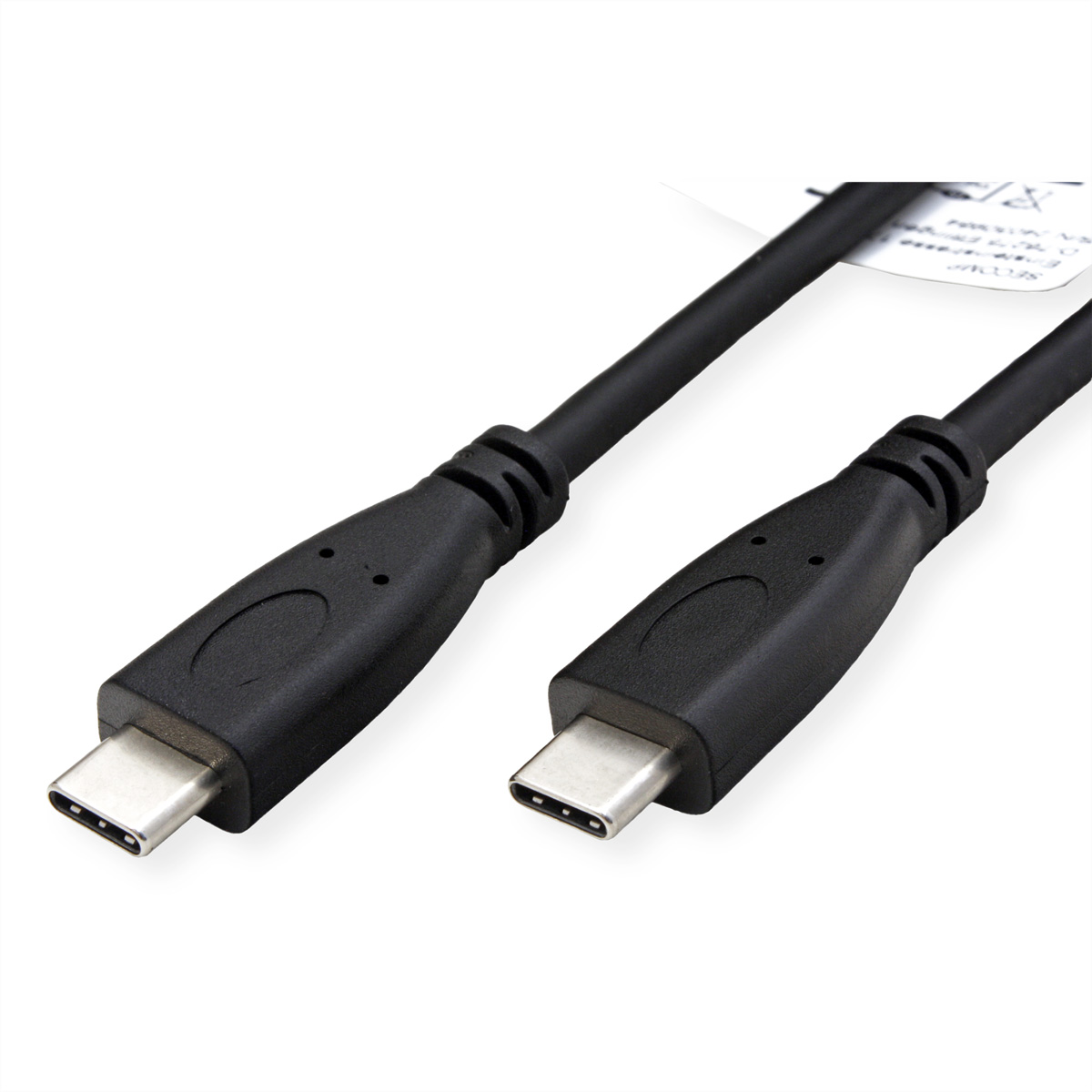 Zwei schwarze USB-C-Kabel mit silberfarbenen Steckern auf weißem Hintergrund.