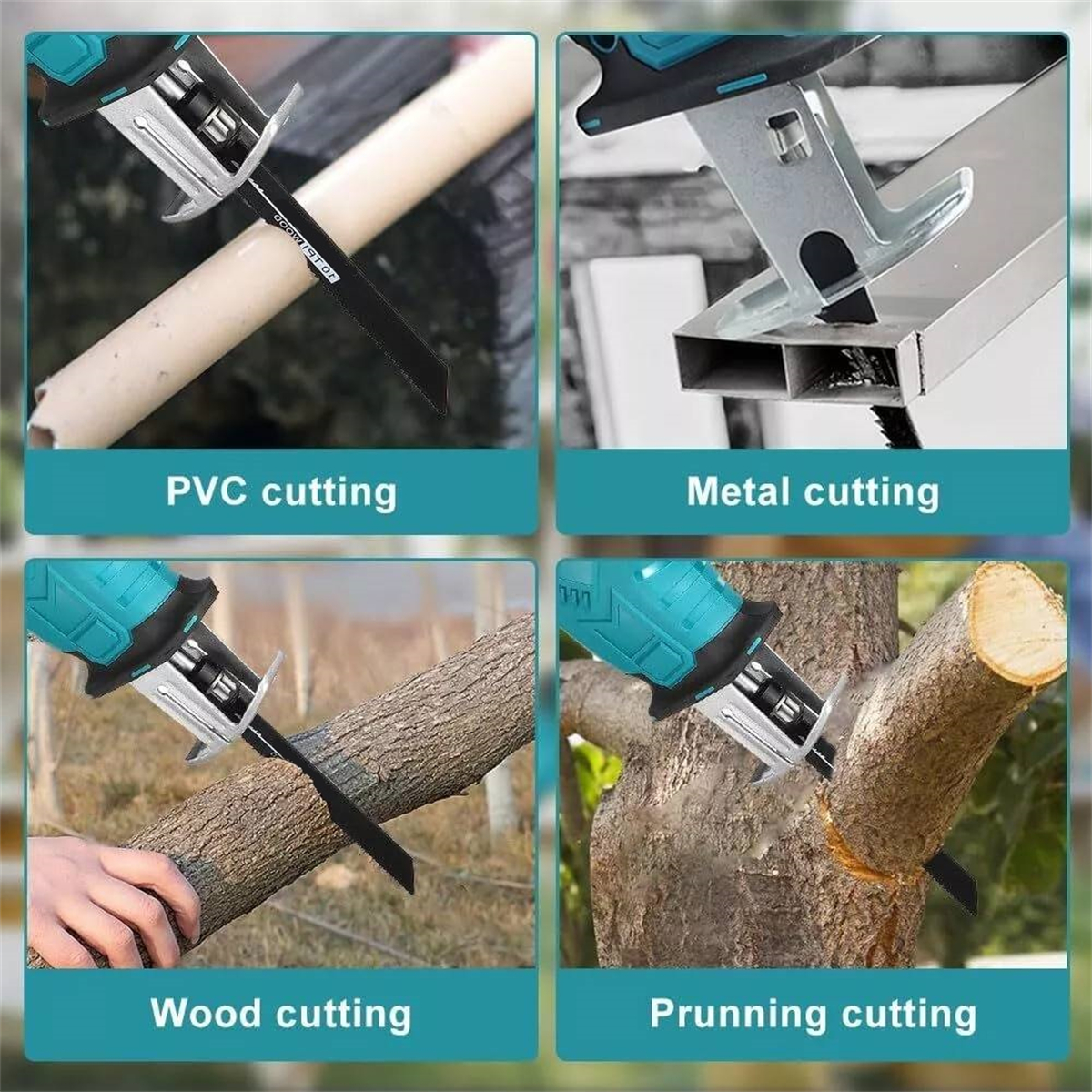 Vier Bilder zeigen eine Säbelsäge, die PVC, Metall, Holz und Schnittgut schneidet. Die Säge ist teal und schwarz.