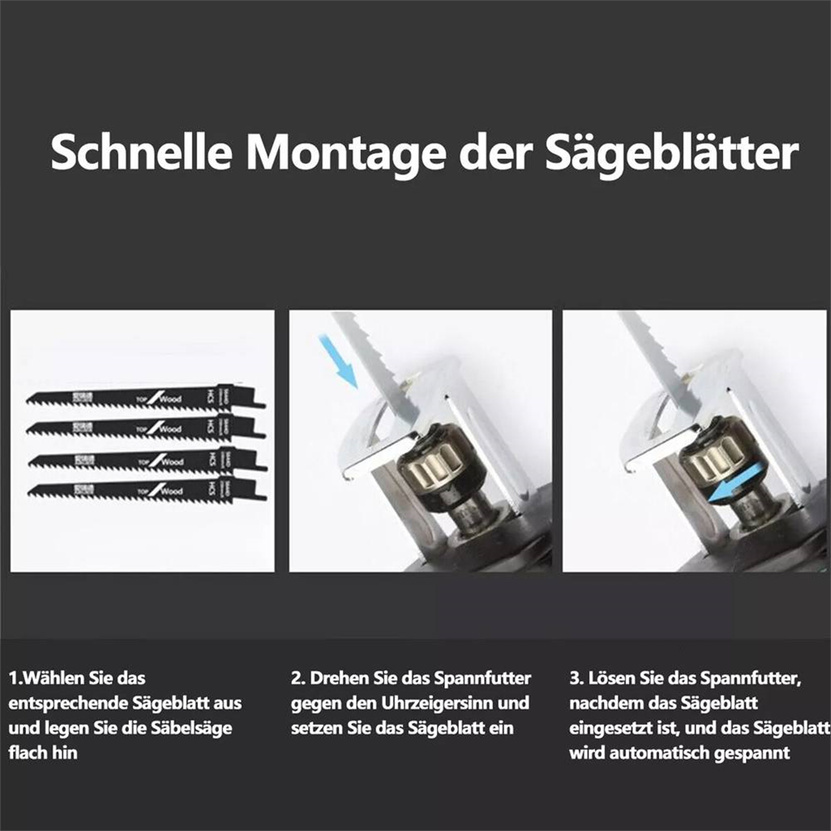 Anweisungen zum Wechseln von Sägeblättern. Zeigt Schritte zum Entfernen und Einsetzen von Sägeblättern.