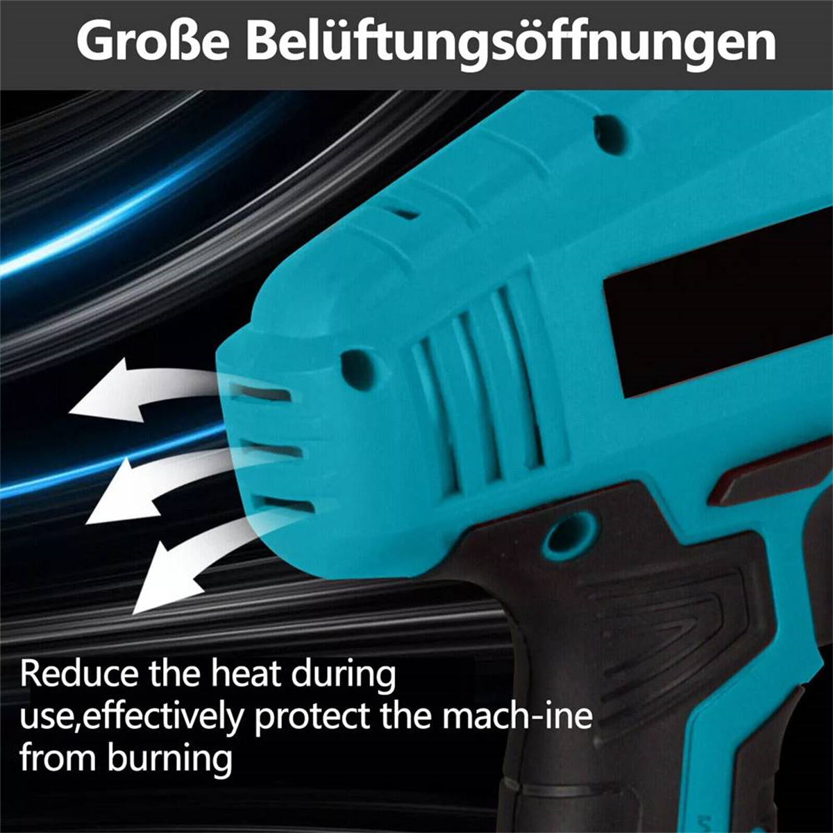 Nahaufnahme eines türkis-schwarzen Elektrowerkzeugs mit Luftschlitzen und Pfeilen.
