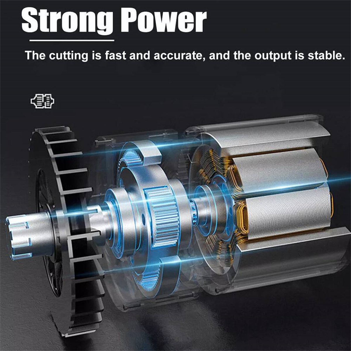 Ein Motor mit Zahnrad und Spulen mit dem Text "Strong Power". Das Schneiden ist schnell und präzise.