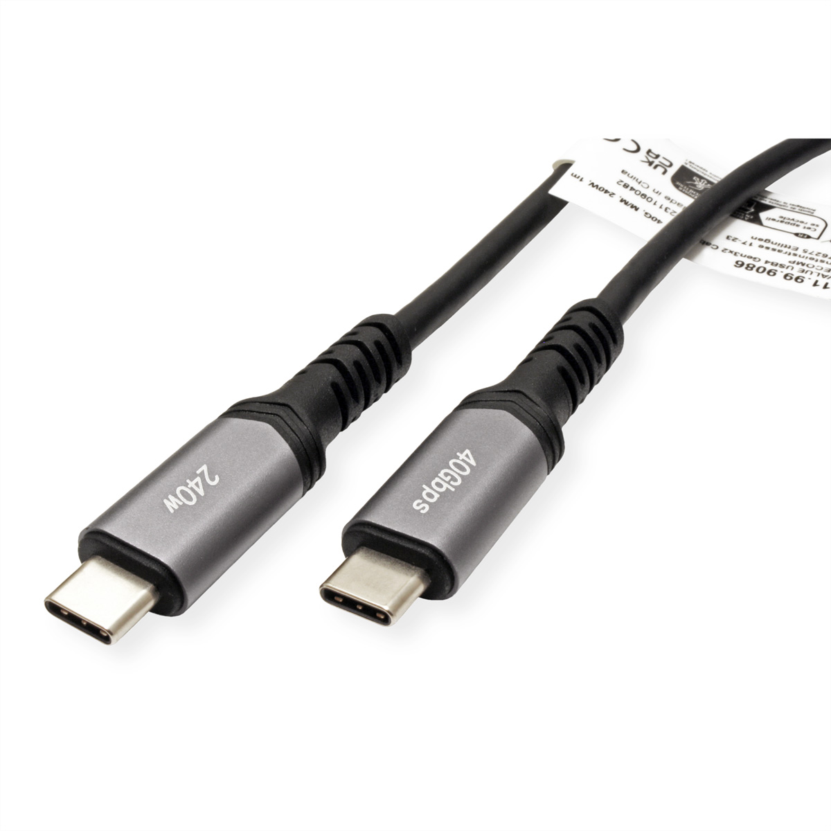Twee USB-C-kabels, één gemarkeerd met 240W, de andere met 40Gbps, op wit.