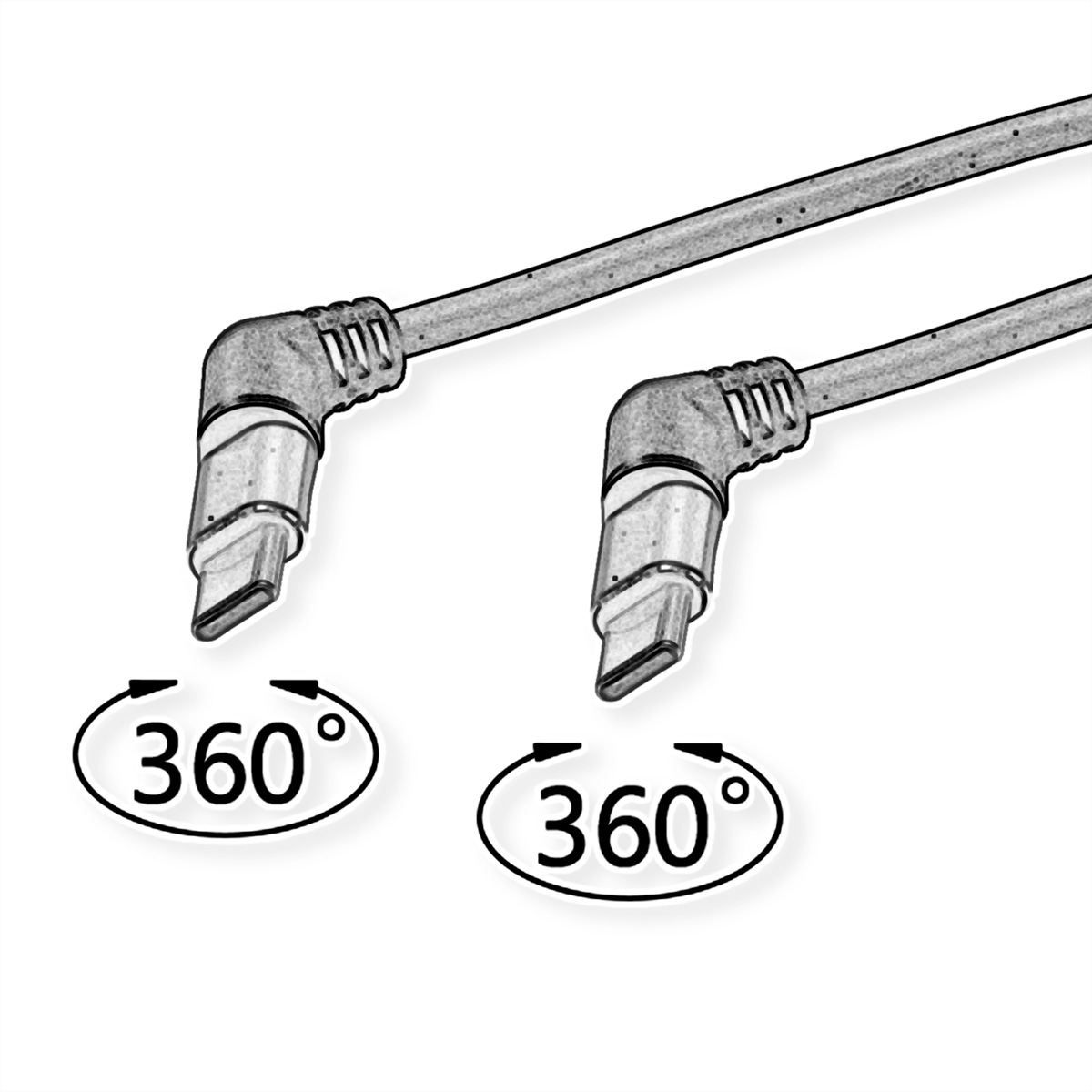 Twee USB-C-kabels met haakse connectoren en 360-graden symbolen, in een schets.