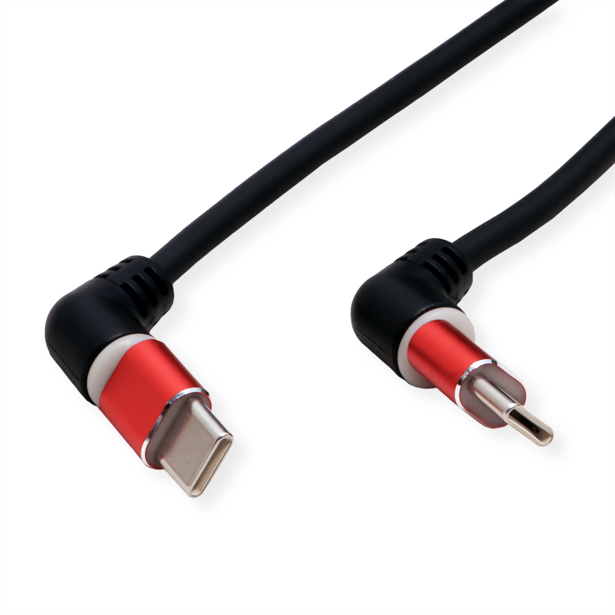 Een zwarte en rode USB-C-kabel met haakse connectoren, één uiteinde is USB-C, de andere is USB-A.